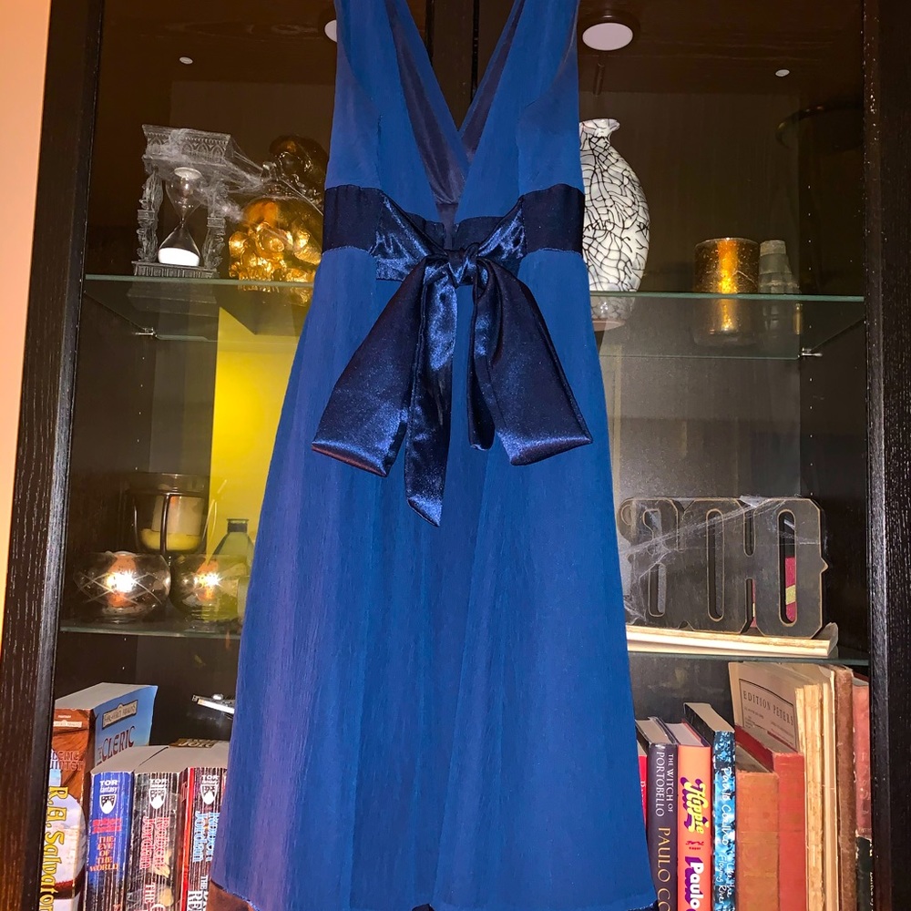 Blue midi a-line chiffon and silk dress